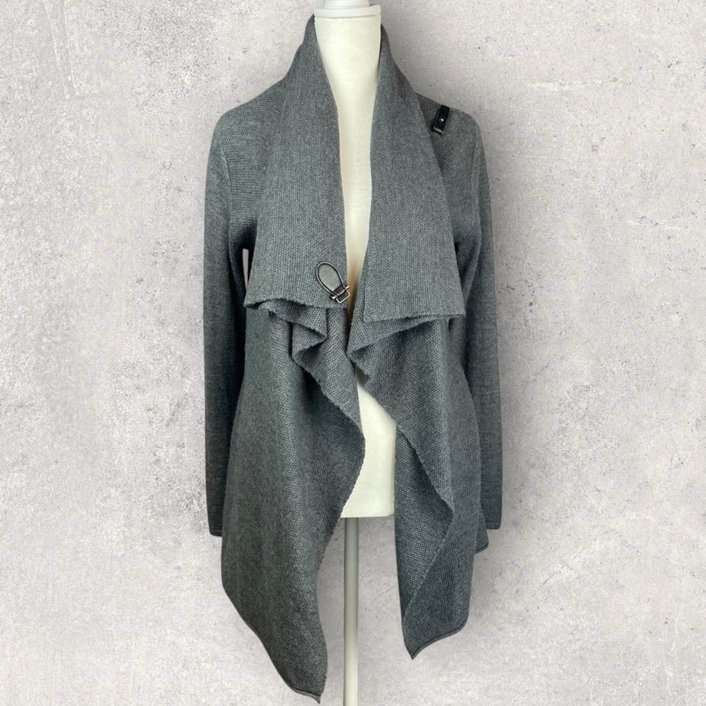 Tahari Cardigan Extra Fine Merino Wool Blend Gray Wrap Sweater Lagenlook Small